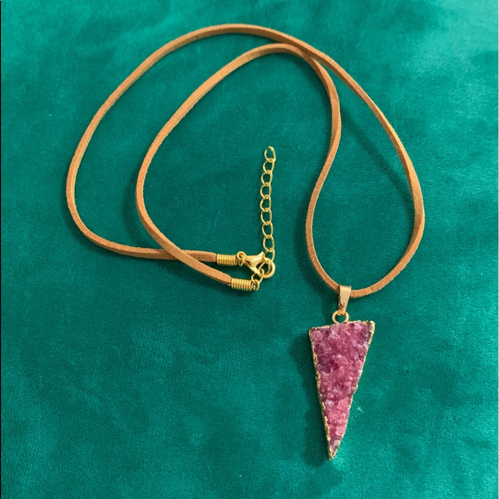 Hand Crafted Druzy Quartz Triangle Dark Red  Pendant Brown Suede Cord Necklace